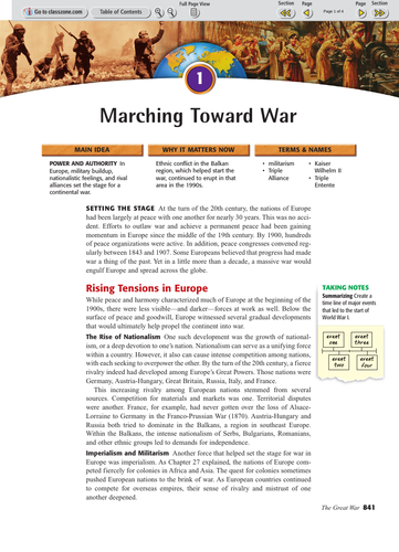 Marching Towards War: World War 1. Full notes commentary maps , sources and activities