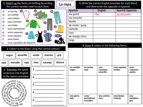 Revision of Clothes & Colours Activity Worksheet - Spanish