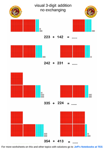Visual 3-digit addition worksheets