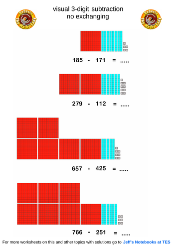 Visual 3-digit subtraction worksheets