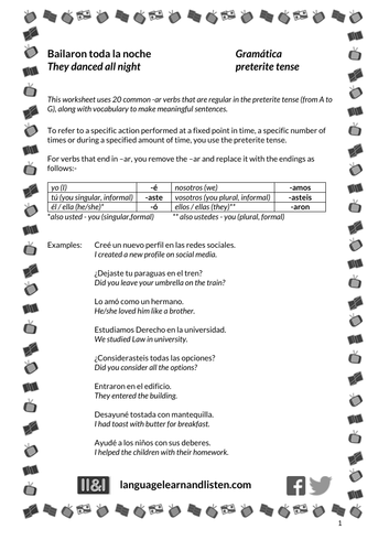 Spanish - Preterite -ar verbs (A to G) - Bailaron toda la noche