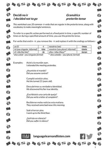 Spanish - Preterite -ir verbs - Decidí no ir (I decided not to go)