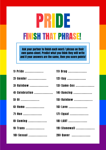 Pride Month Finish the Phrase Game LGBTQ  Activity