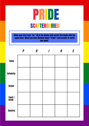 Pride Month Scattergories 2X Games - LGBTQ Fun Activity