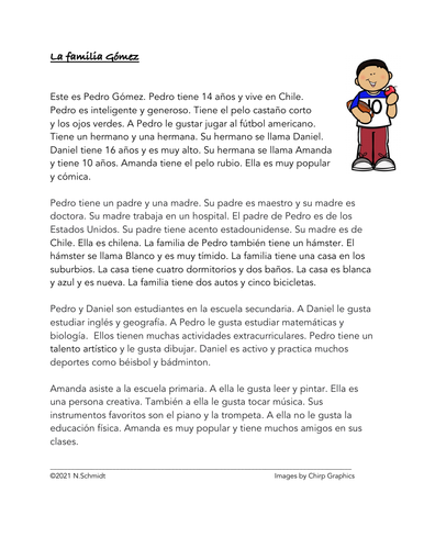 Spanish English Cognates Reading: Lectura con Cognados: La Familia Gómez