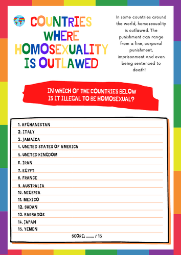 PRIDE MONTH PSHE: HOMOSEXUALITY LAWS AROUND THE WORLD - lLGBT