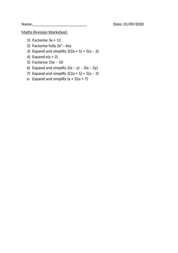 MATHS REVISION WORKSHEET - 1ST SEPTEMBER 2021