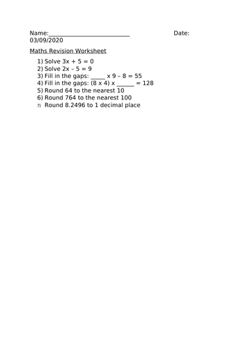 MATHS REVISION SESSION - 3RD SEPTEMBER 2021