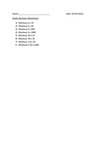 MATHS REVISION WORKSHEET - 4TH SEPTEMBER 2021