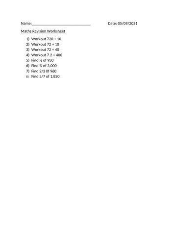 MATHS REVISION WORKSHEET 5TH SEPTEMBER 2021