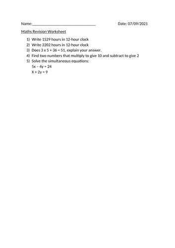 MATHS REVISION WORKSHEET - 7TH SEPTEMBER 2021