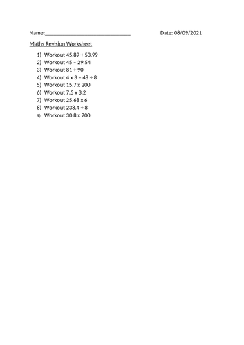 MATHS REVISION WORKSHEET - 8TH SEPTEMBER 2021