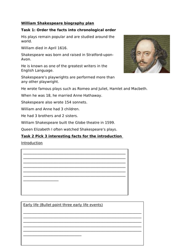 William Shakespeare biography writing plan