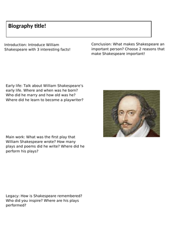 William Shakespeare Biography writing template