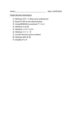 MATHS REVISION WORKSHEET - 10TH SEPTEMBER 2021