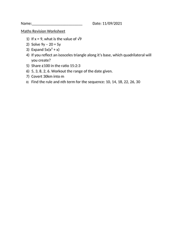 MATHS REVISION WORKSHEET - 11TH SEPTEMBER 2021