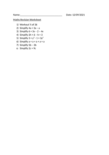 MATHS REVISION WORKSHEET - 12TH SEPTEMBER 2021