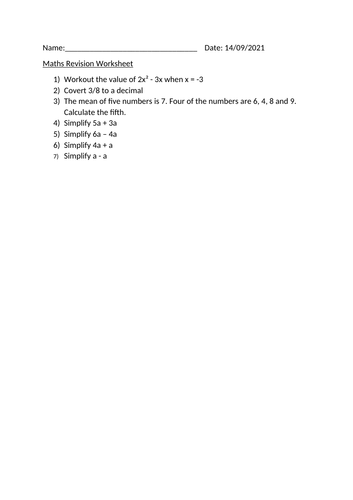 MATHS REVISION WORKSHEET - 14TH SEPTEMBER 2021