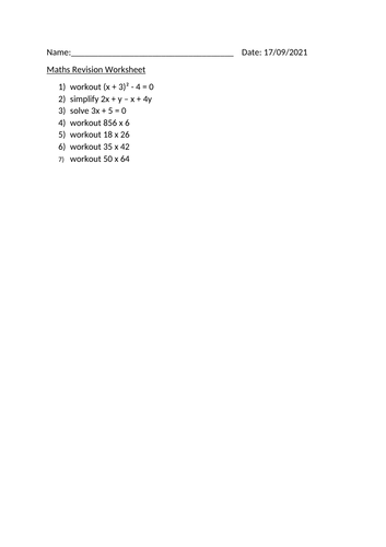 MATHS REVISION WORKSHEET - 17TH SEPTEMBER 2021