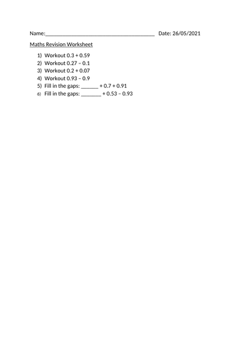 MATHS REVISION WORKSHEET - 26TH SEPTEMBER 2021