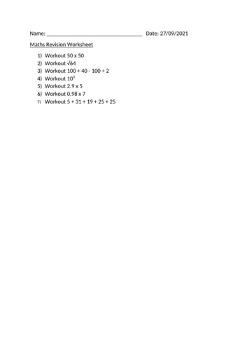 MATHS REVISION WORKSHEET - 27TH SEPTEMBER 2021