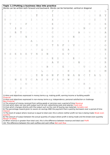 Edexcel GCSE Business topic 1.3 wordsearch