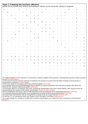 Edexcel GCSE Business topic 1.4 wordsearch