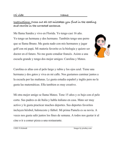 Spanish Fix the Mistakes Reading:  Present Tense