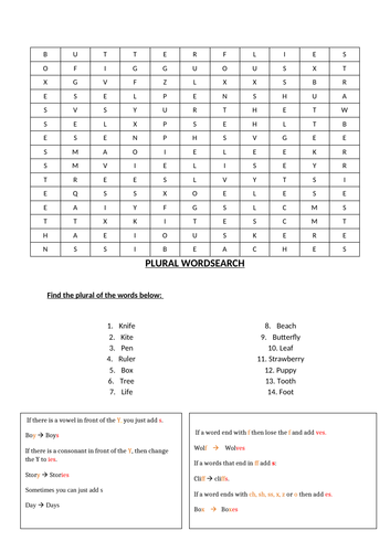 Singular to Plural nouns word search