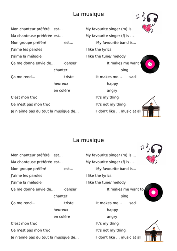 La musique vocab sheet