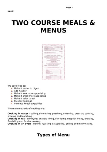 Two Course Meals and Menus