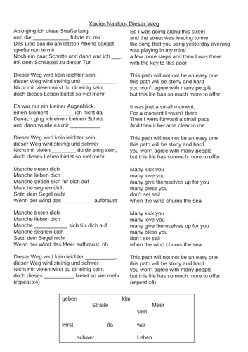 Dieser Weg (Xavier Naidoo) song gap fill