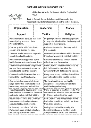 Card Sort - Why did Parliament win the English Civil War?