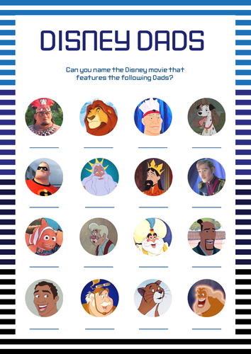 Disney Movie Dads Quiz. Fathers Day Game. Fun Activity