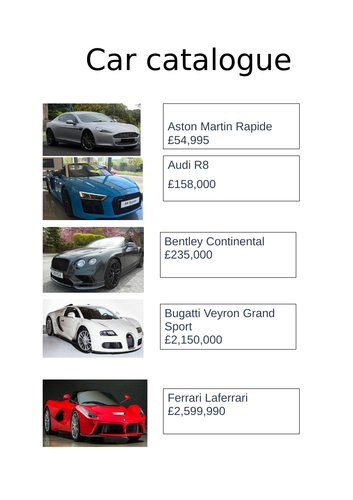 Addition worksheet suitable for Y5/6 using a car catalogue
