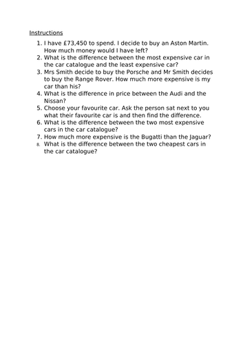 Addition and subtraction word problems based upon a luxury car catalogue (catalogue included)