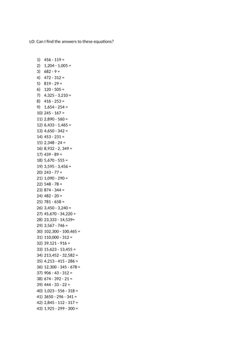 Basic subtraction worksheet. 43 questions. Answers included. Suitable for Year 5 and 6.