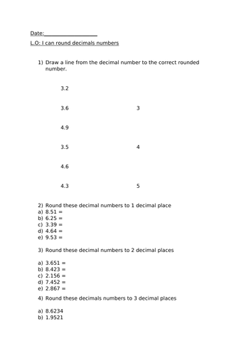 Rounding decimals worksheet suitable for Year 5 and 6