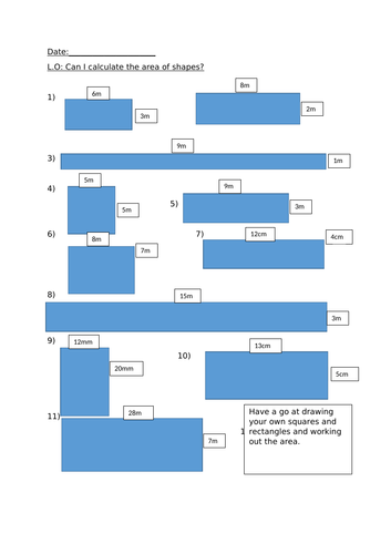 Finding the area of squares and rectangles worksheet. Suitable for Year 5 and 6