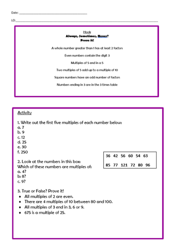 Factors and multiples worksheet. Suitable for Year 5 and 6.