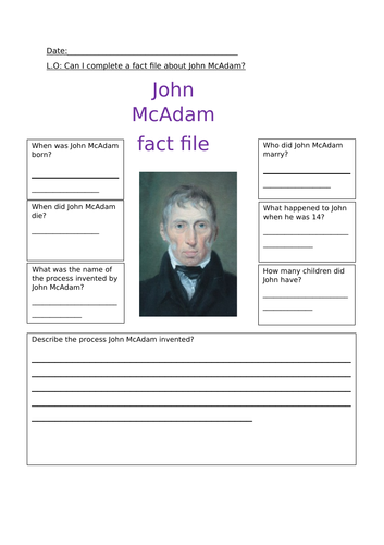 John Mcadam fact file worksheet and activity