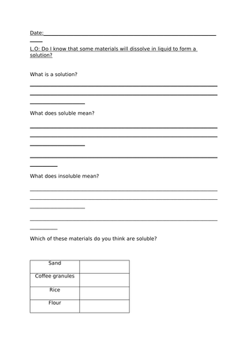 Do I know that some materials will dissolve in liquid to form a solution? worksheet. Year 5 science
