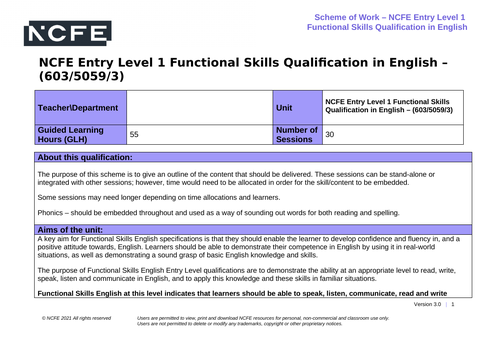 NCFE Functional Skills English Entry Level 1 Scheme of Work 603/5059/3