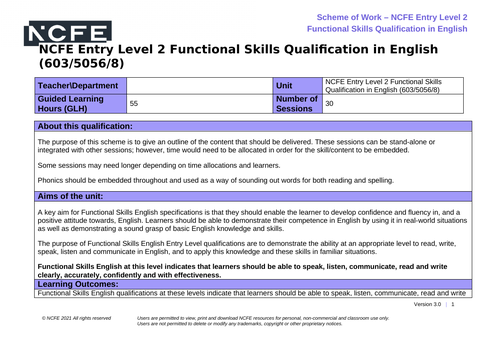 NCFE Functional Skills English Entry Level 2 Scheme of Work 603/5056/8