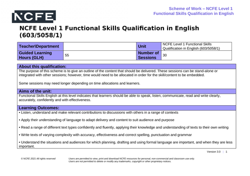 NCFE Functional Skills English Level 1 Scheme of Work 603/5058/1
