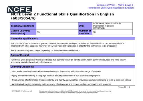 NCFE Functional Skills English Level 2 Scheme of Work 603/5054/4