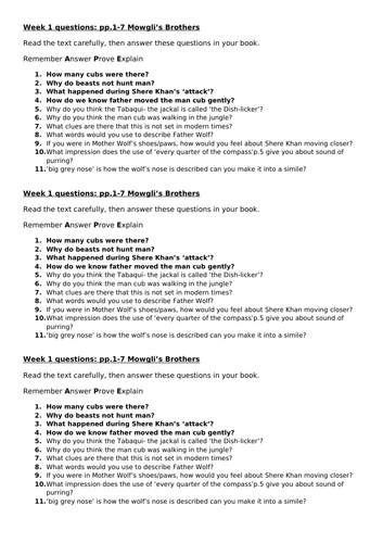 guided reading questions for the jungle book ruyard kipling teaching resources