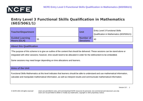 NCFE Functional Skills Maths Entry Level 3 Scheme of Work 603/5061/1
