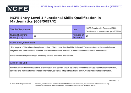 NCFE Functional Skills Maths Entry Level 1 Scheme of Work 603/5057/X