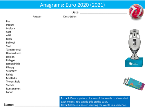 Football Euro 2020 Soccer Anagrams Puzzle Sheet Activity Keywords PE Sports